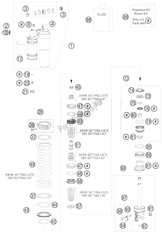 All parts for the Shock Absorber Disassembled of the KTM 450 EXC Champion Edit USA 2010