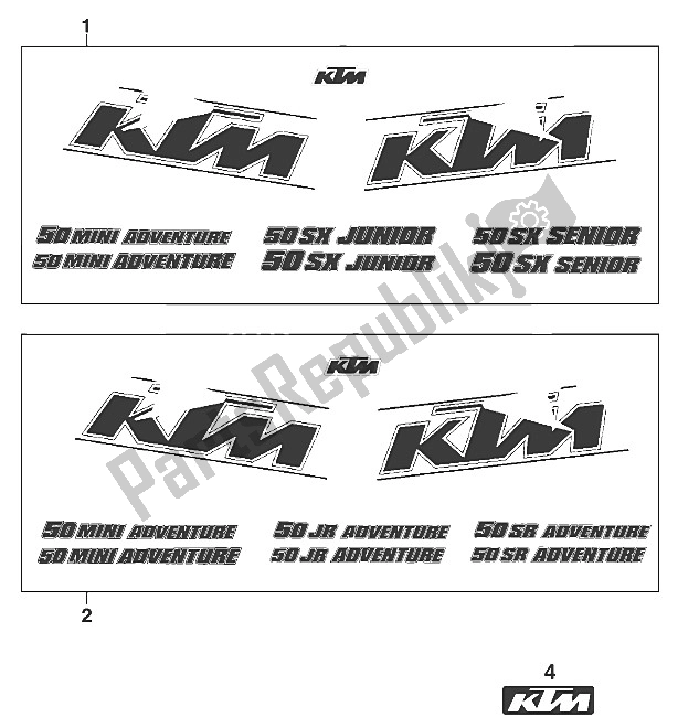 Todas as partes de Conjunto De Decalques 50 Mini 2001 do KTM 50 SX Junior USA 2000