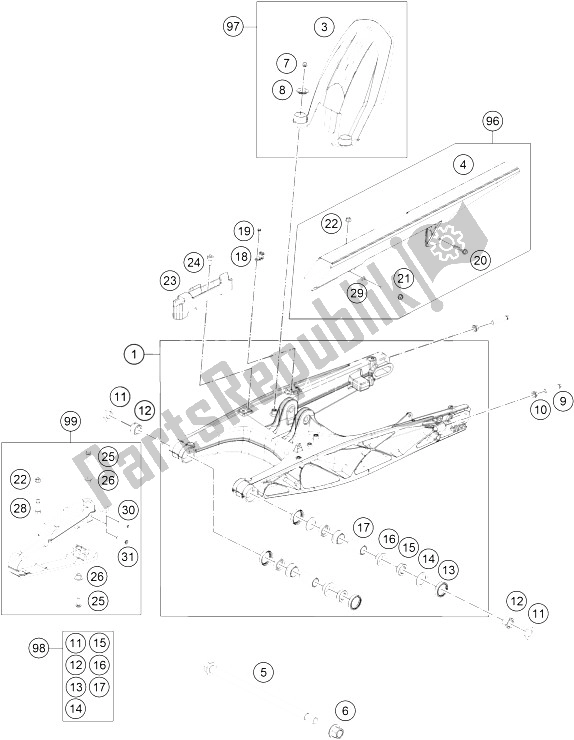 Alle onderdelen voor de Zwenkarm van de KTM 250 Duke BL ABS CKD 16 Thailand 2016