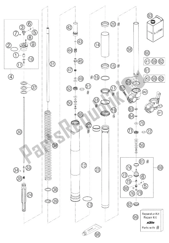 All parts for the Front Legs - Suspension Wp Usd 48 125-300 of the KTM 200 EXC USA 2005