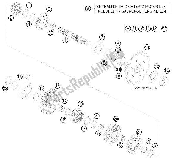 All parts for the Transmission Ii - Countershaft of the KTM 690 Duke Orange Europe 2009