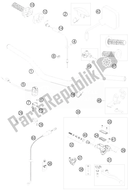 All parts for the Handlebar, Controls of the KTM 125 EXC Europe 2010