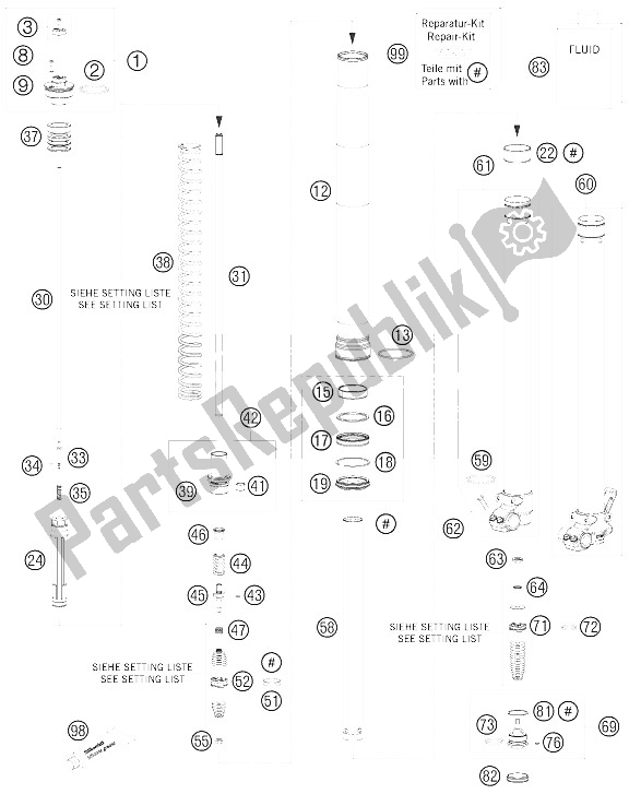 All parts for the Front Fork Dissassembled of the KTM 105 SX USA 2008