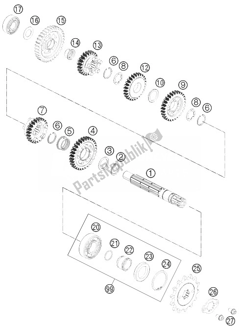 Toutes les pièces pour le Transmission Ii - Arbre Intermédiaire du KTM 200 Duke WH W O ABS CKD 14 Argentina 2014