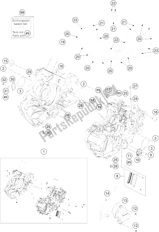 All parts for the Engine Case of the KTM 1290 Superduke R Black ABS 16 Europe 2016
