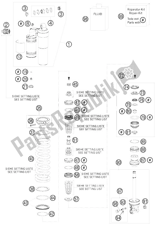 All parts for the Shock Absorber Disassembled of the KTM 250 EXC F Factory Edit Europe 2011