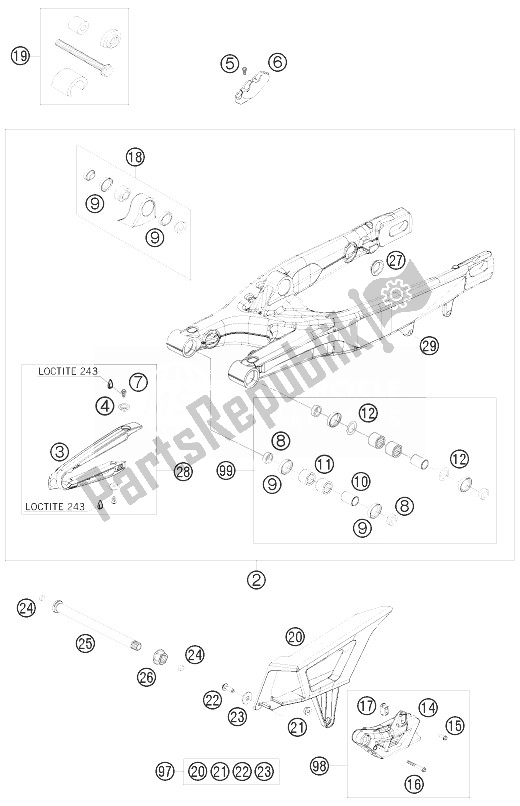 All parts for the Swing Arm of the KTM 530 EXC Australia 2010