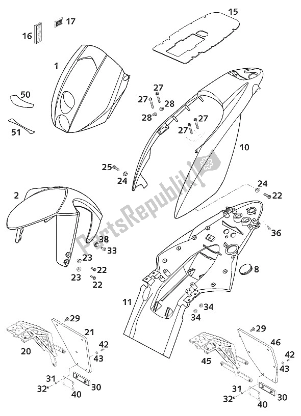 Toutes les pièces pour le Masque - Fender 640 Duke 200 du KTM 640 Duke II Lime USA 2001