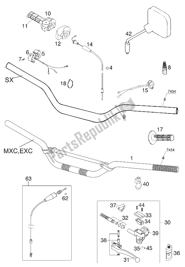 Todas las partes para Manillar - Controles 250-380 2001 de KTM 250 SXS Europe 2001