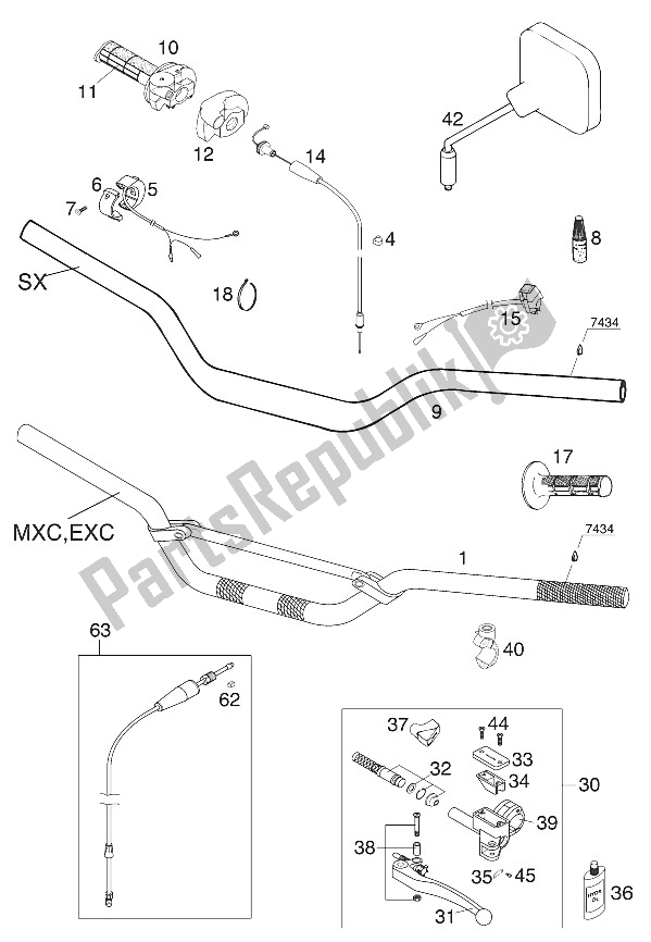 Tutte le parti per il Manubrio - Comandi 250-380 2001 del KTM 300 EXC USA 2001