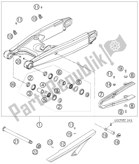 All parts for the Swing Arm of the KTM 950 Supermoto Black Australia United Kingdom 2005