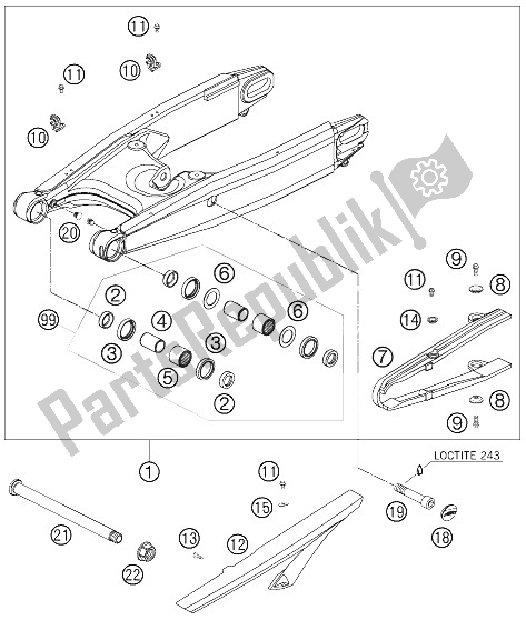 All parts for the Swing Arm of the KTM 950 Supermoto Orange Europe 2006