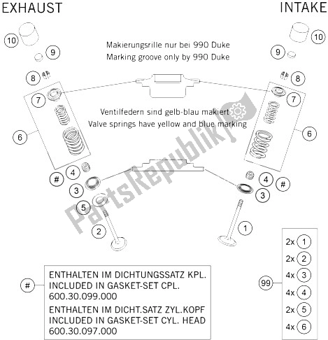 All parts for the Valve Drive of the KTM 990 Superduke Titanium Australia United Kingdom 2006