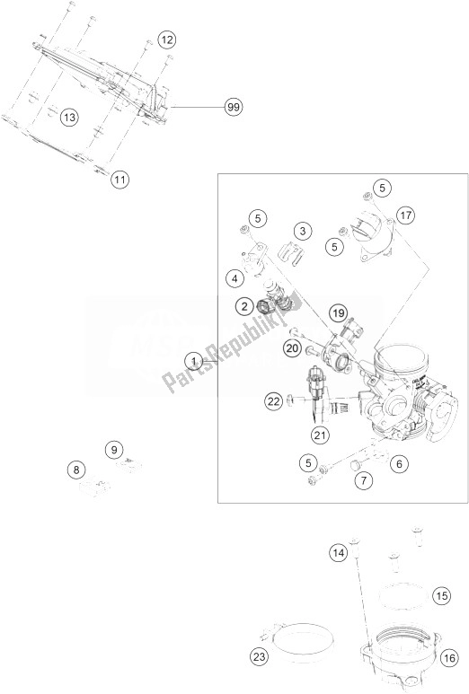 All parts for the Throttle Body of the KTM 390 Duke Black ABS CKD Argentina 2014