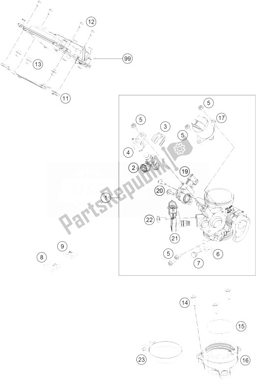 Toutes les pièces pour le Corps De Papillon du KTM 390 Duke White ABS BAJ DIR 13 Europe 2013