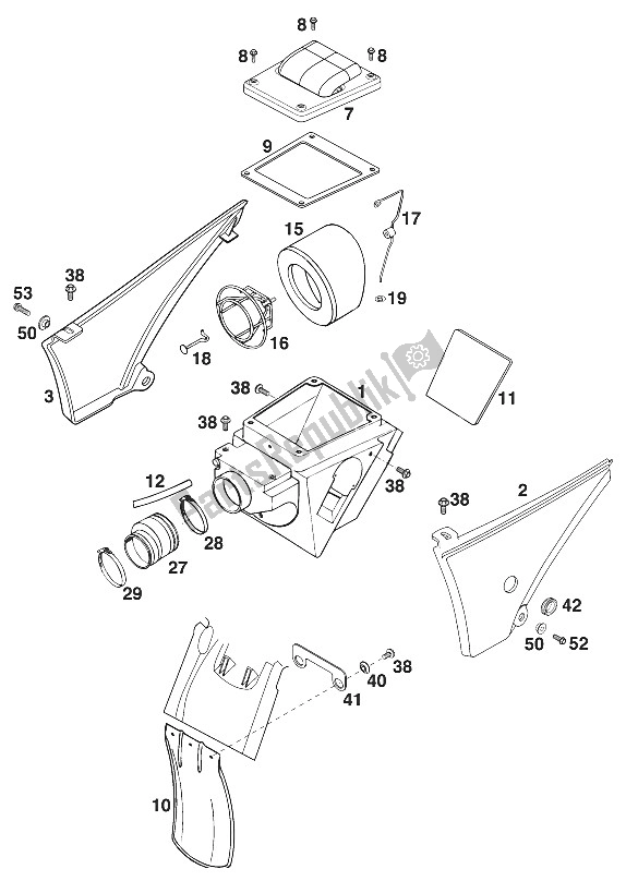 All parts for the Air Filter Box Duke Ii '99 of the KTM 640 Duke II Europe 2000