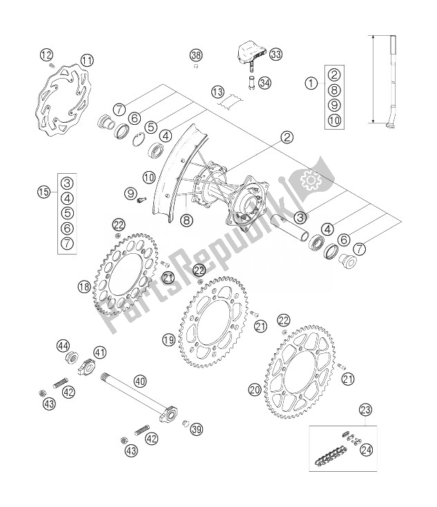 All parts for the Rear Wheel of the KTM 125 EXC Europe 2007