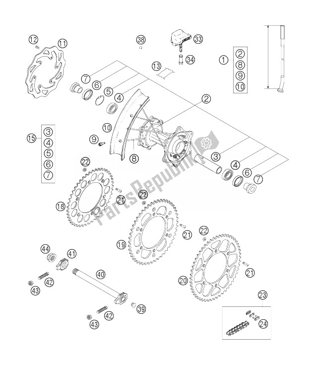 All parts for the Rear Wheel of the KTM 300 EXC Europe 2007