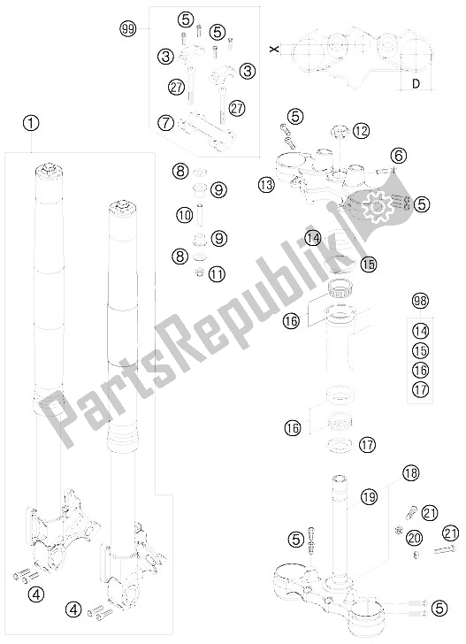 All parts for the Front Fork of the KTM 990 Supermoto Orange Europe 2008