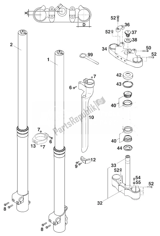 All parts for the Front Fork - Steering Stem Wp50 Extreme 400/540 of the KTM 400 SX C Europe 1998