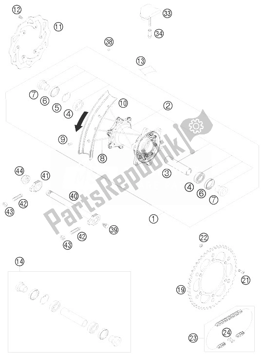 All parts for the Rear Wheel of the KTM 250 SX F Europe 2010