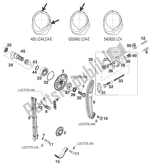 All parts for the Camshaft - Chain - Tensioner 400-620 Lc4 '98 of the KTM 400 SUP Comp 18 KW Australia 1998