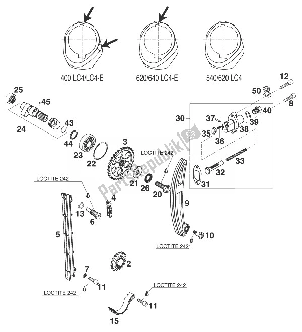 All parts for the Camshaft - Chain - Tensioner 400-620 Lc4 '98 of the KTM 540 SXC 20 KW 98 Europe 1998