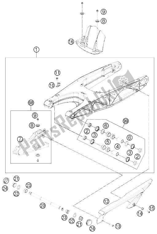 All parts for the Swing Arm of the KTM 690 Duke Black Europe 2012