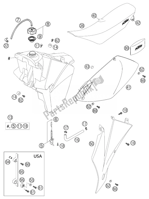 Alle onderdelen voor de Brandstoftank, Stoel, Hoes 250/300 van de KTM 250 EXC Australia 2003