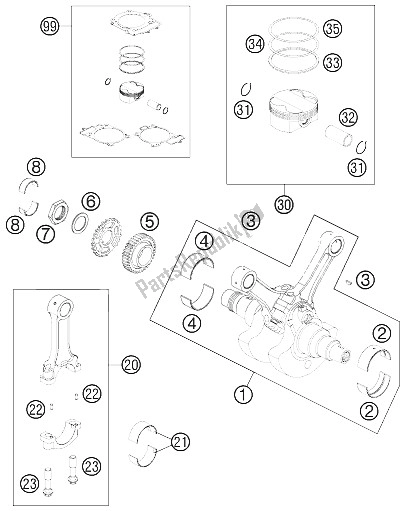 All parts for the Crankshaft, Piston of the KTM 990 Super Duke R Australia United Kingdom 2012