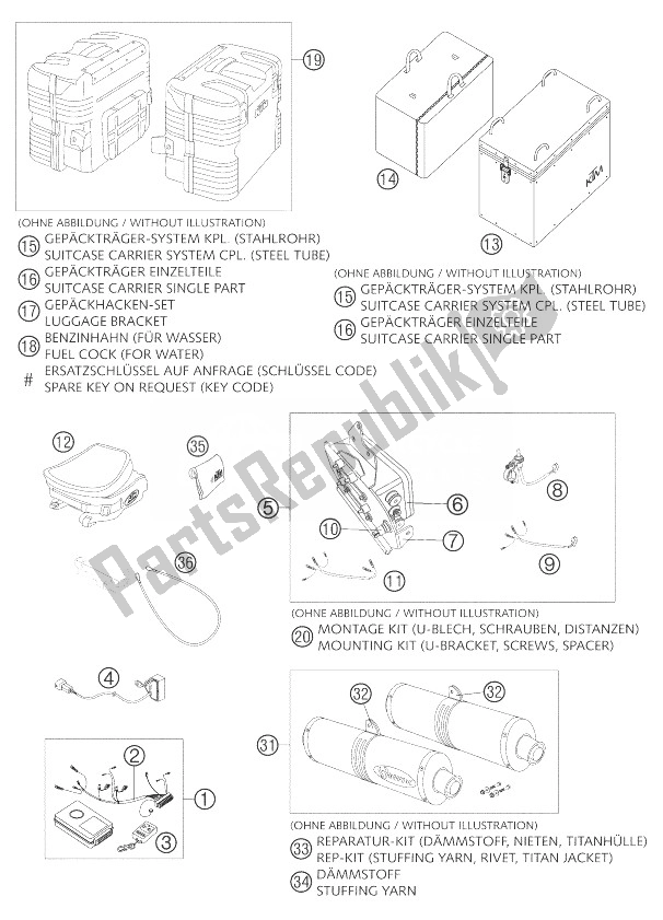 All parts for the Attachments Lc8 of the KTM 950 Adventure Black LOW USA 2004