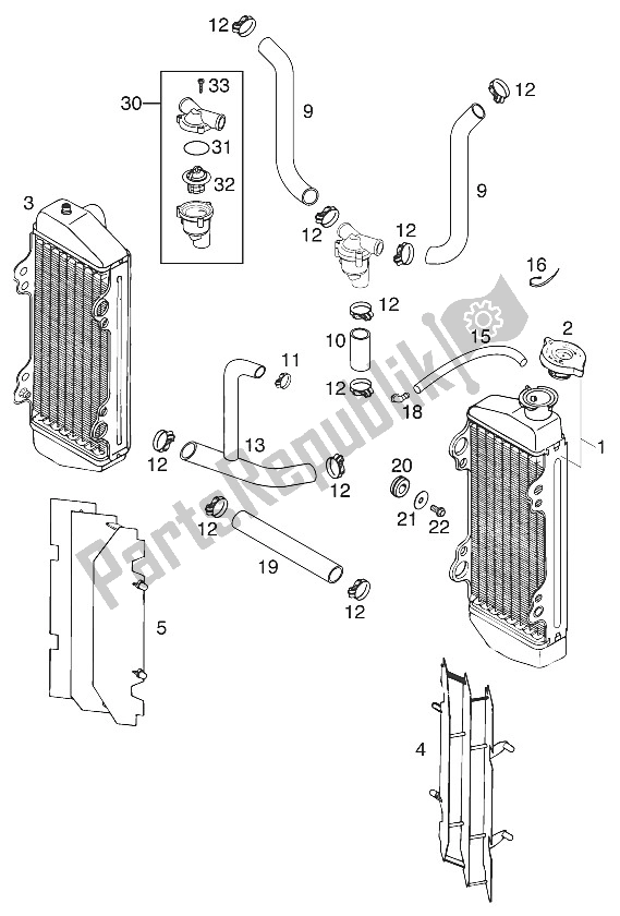 All parts for the Coolingsystem 125/200 Egs 2001 of the KTM 125 EXC Australia 2001