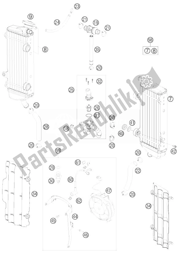 All parts for the Cooling System of the KTM 250 EXC F Australia 2010