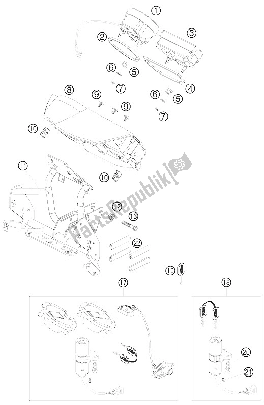 Tutte le parti per il Supporto Pozzetto, Tachimetro del KTM 990 Adventure Black ABS Australia United Kingdom 2006