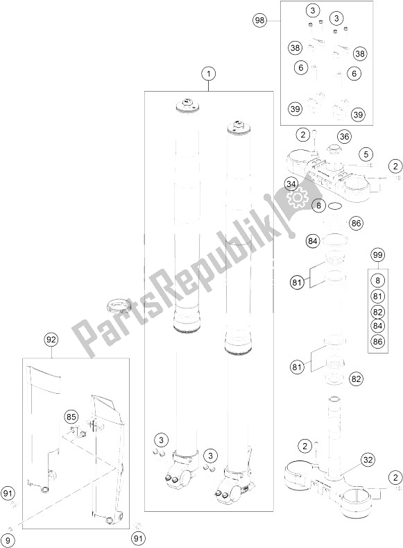 All parts for the Front Fork, Triple Clamp of the KTM 300 EXC CKD Brazil 2015