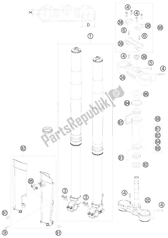 All parts for the Front Fork, Triple Clamp of the KTM 125 EXC Europe 2008