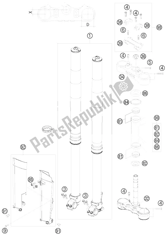 All parts for the Front Fork, Triple Clamp of the KTM 125 EXC Europe 2011