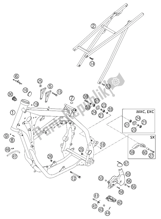 All parts for the Frame, Subframe 250-380 2002 of the KTM 250 SX Europe 2002