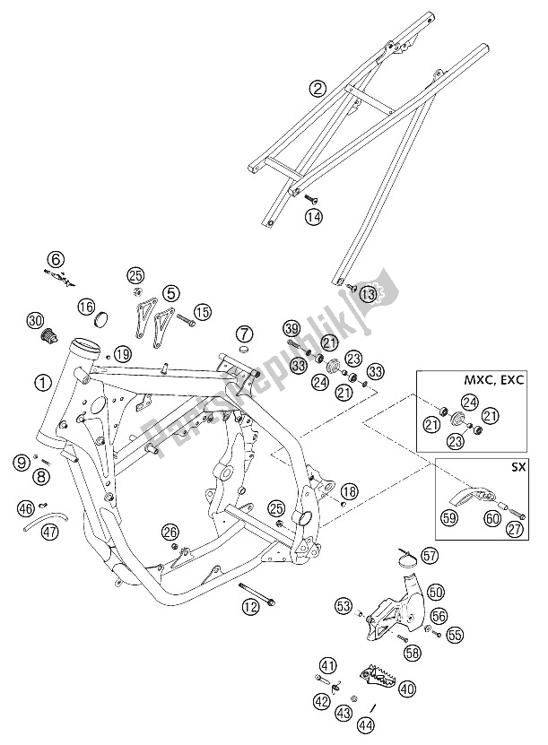 Tutte le parti per il Telaio, Telaio Ausiliario 250-380 2002 del KTM 300 EXC Australia 2002