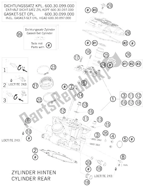 All parts for the Cylinder Head Rear of the KTM 990 Super Duke Orange Europe 2010