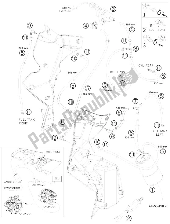 All parts for the Evaporative Canister of the KTM 990 Adventure Orange ABS 09 USA 2009