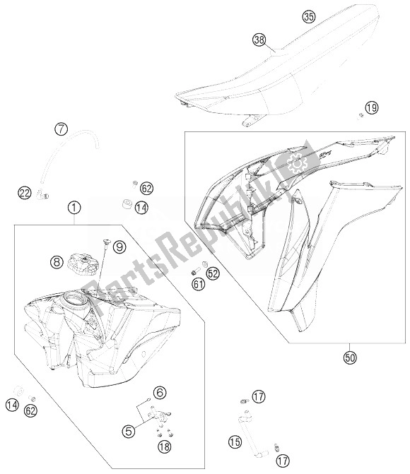 Todas as partes de Tanque, Assento, Tampa do KTM 150 SX USA 2014