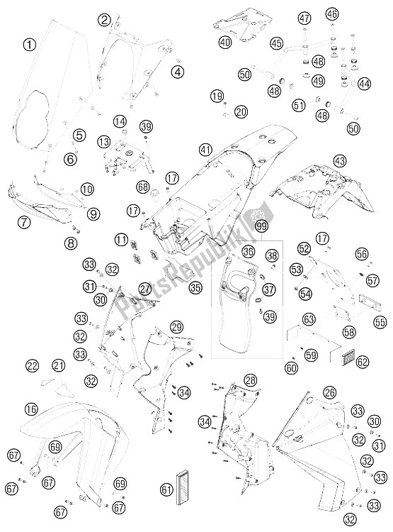 All parts for the Mask, Fenders of the KTM 990 Adventure R Europe 2009