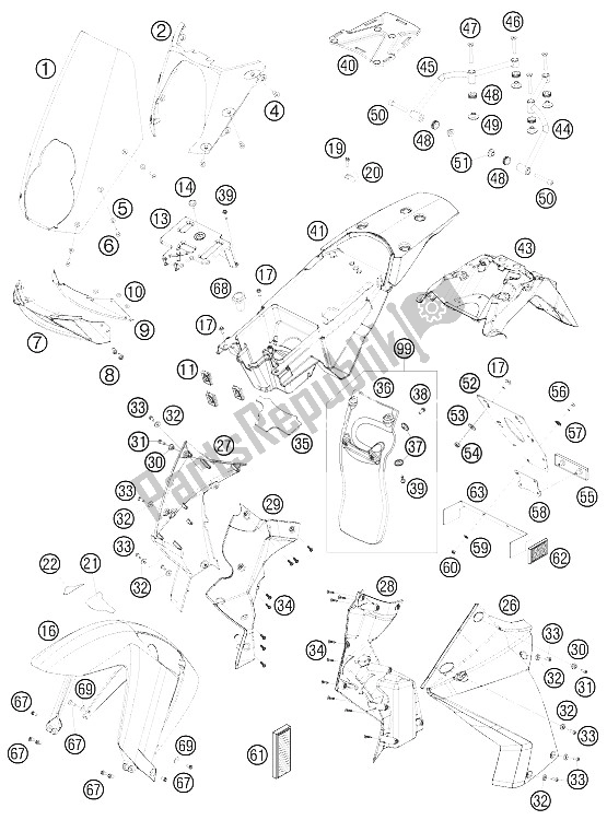 All parts for the Mask, Fenders of the KTM 990 Adventure White ABS 09 Europe 2009