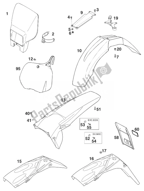 Tutte le parti per il Parafanghi 125-200 '98 del KTM 200 EGS 8 KW Europe 1998