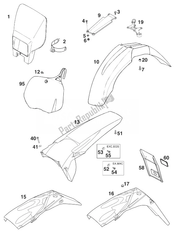 Tutte le parti per il Parafanghi 125-200 '98 del KTM 200 EXC Europe 1998