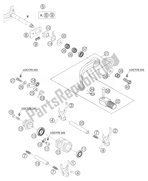 Alle onderdelen voor de Schakelmechanisme 250/300 van de KTM 250 SX Europe 2004
