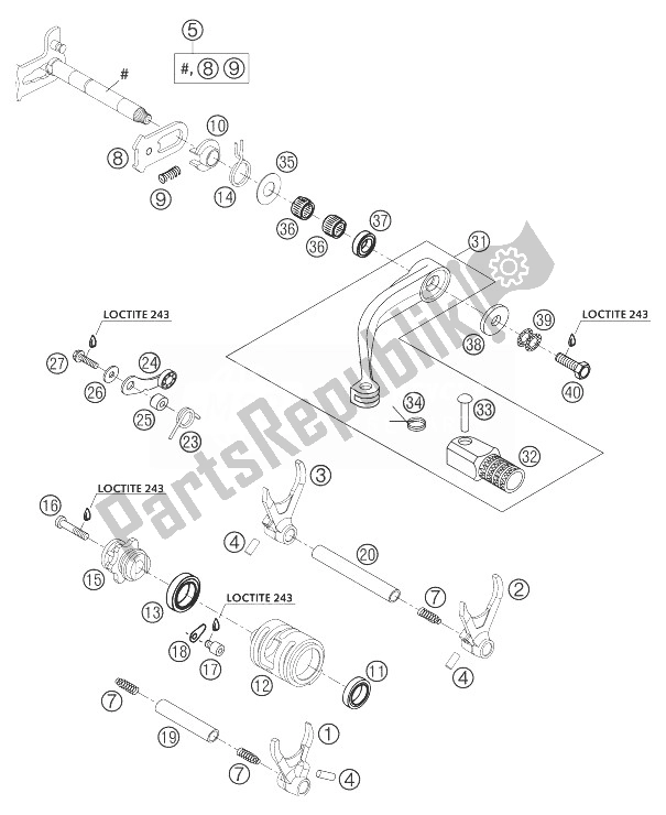 Alle onderdelen voor de Schakelmechanisme 250/300 van de KTM 300 EXC Europe 2004