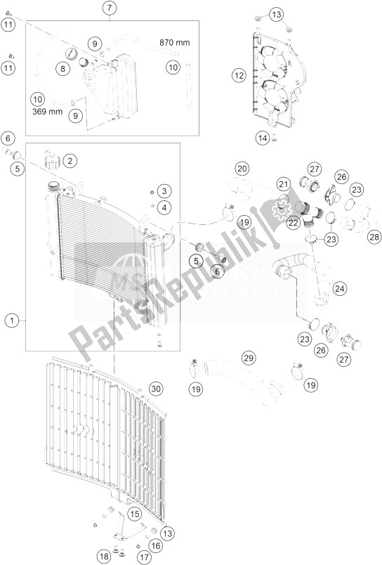 All parts for the Cooling System of the KTM 1190 ADV ABS Grey WES Europe 2014