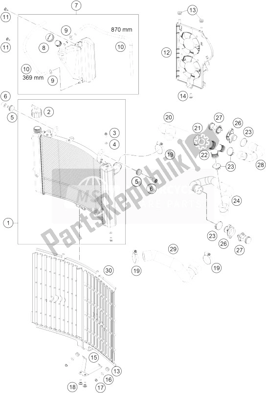 All parts for the Cooling System of the KTM 1190 ADV ABS Grey WES France 2014